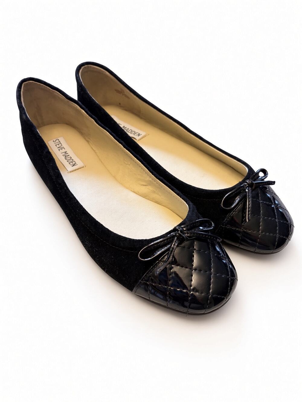 Steve Madden Tipie Black Suede Ballet Flats Quilted Patent Toe Bow Sz 7